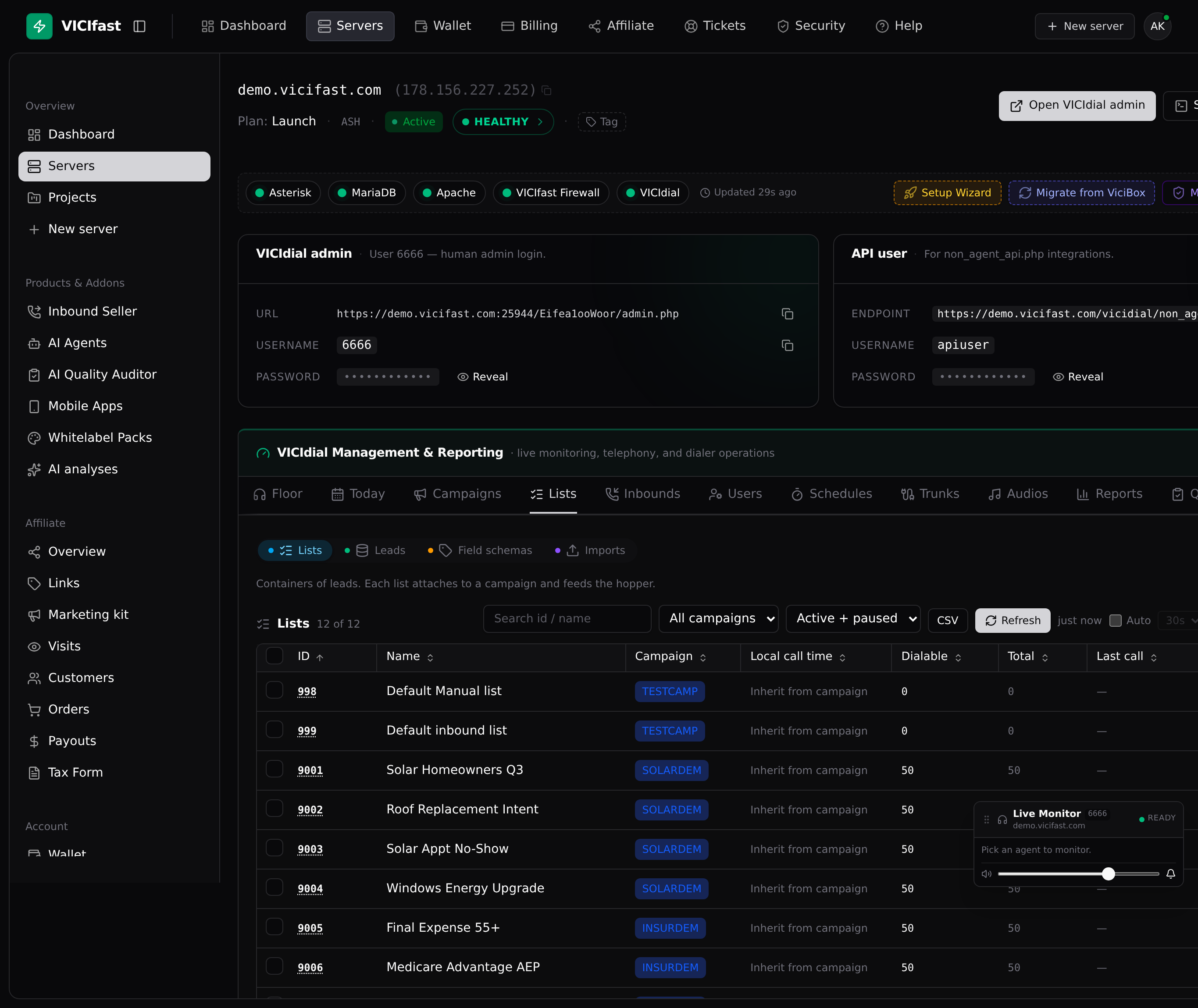 The Lists tab on your server dashboard, showing all lists with their campaigns and lead counts