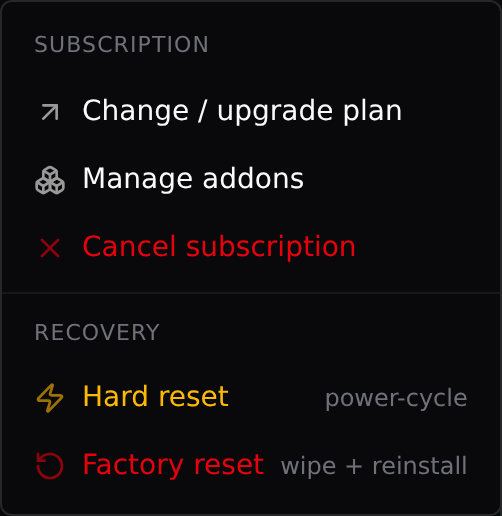 The ⋮ menu on the server page: subscription actions on top, recovery actions below