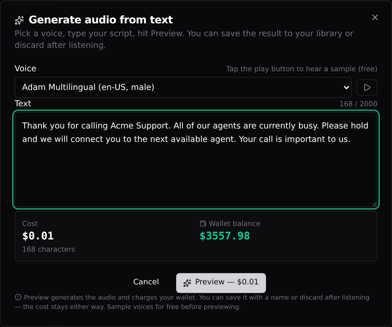 The Generate audio from text dialog: voice picker, script, live cost, and wallet balance