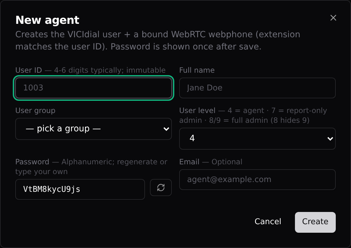 The New agent dialog: ID, name, group, level, password, done