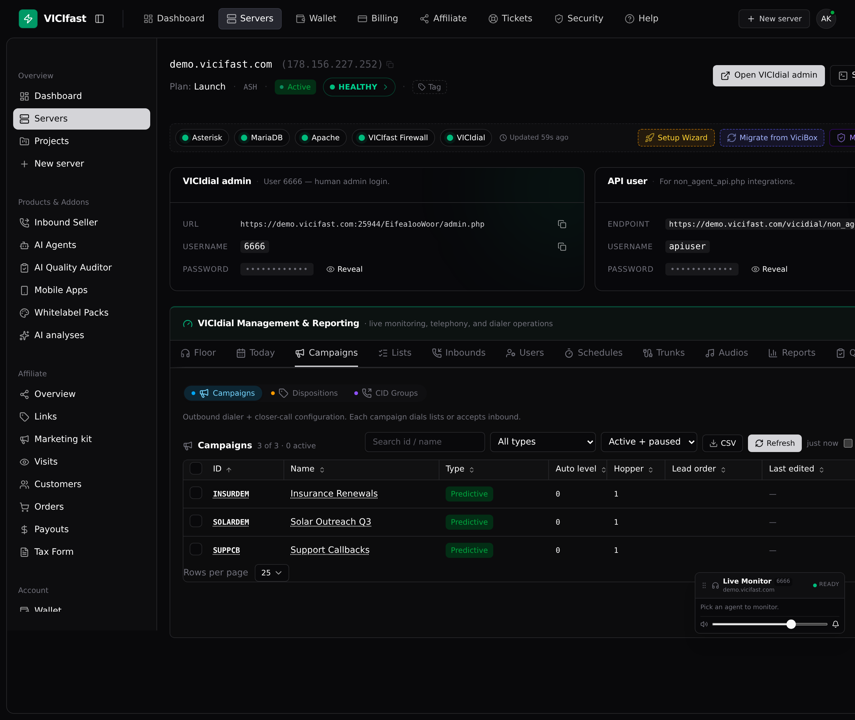 The Campaigns tab: your campaigns, their type, and hopper levels
