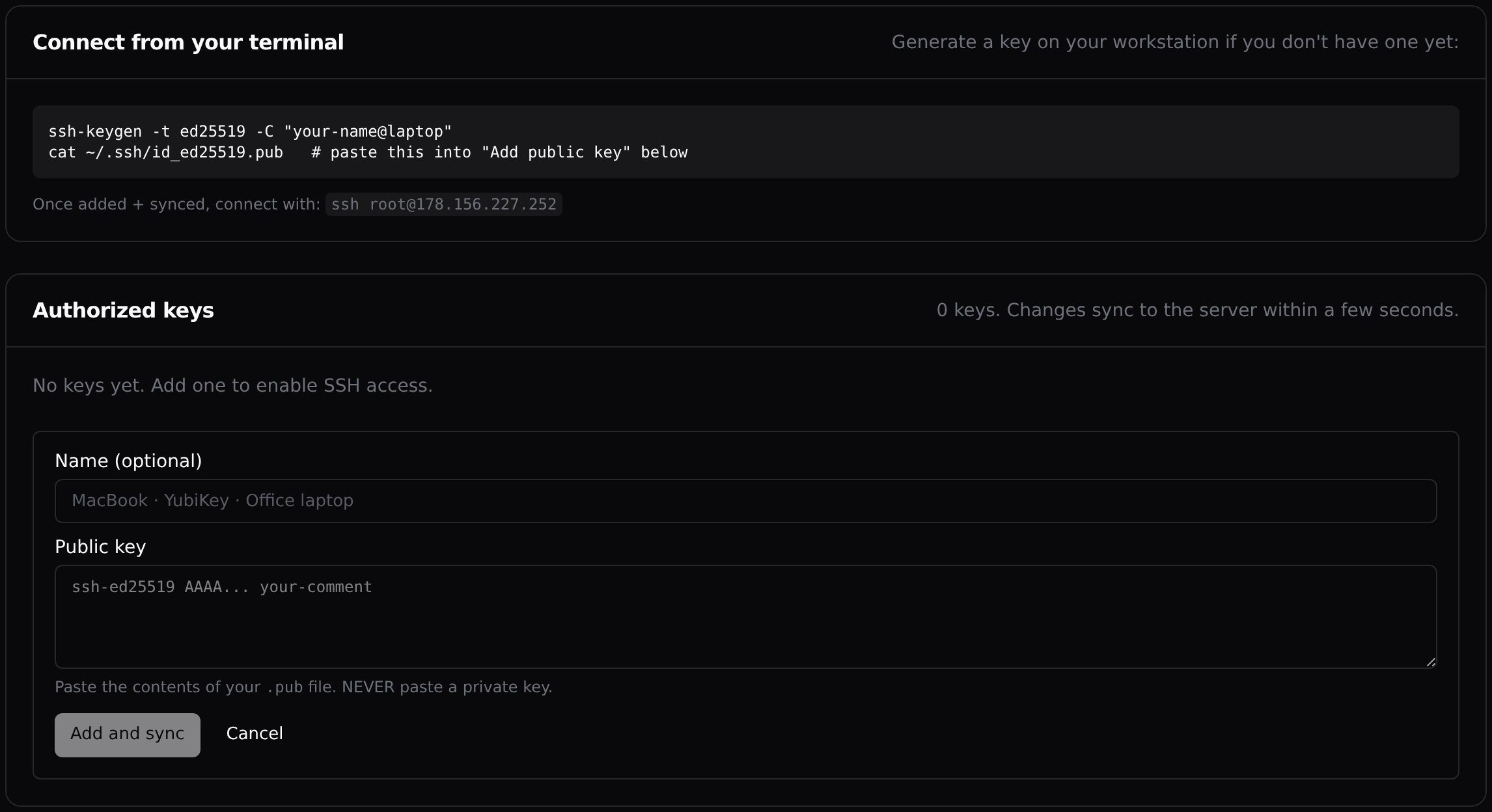 The SSH keys page: generate a key, add the public half, connect