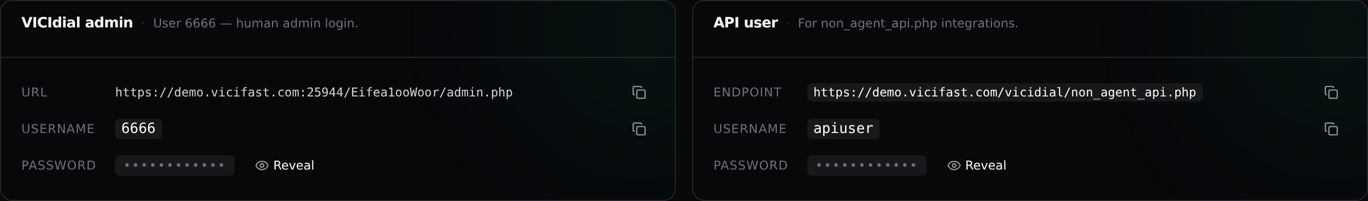 The VICIdial admin and API user cards: URL, username, and a Reveal button for each password