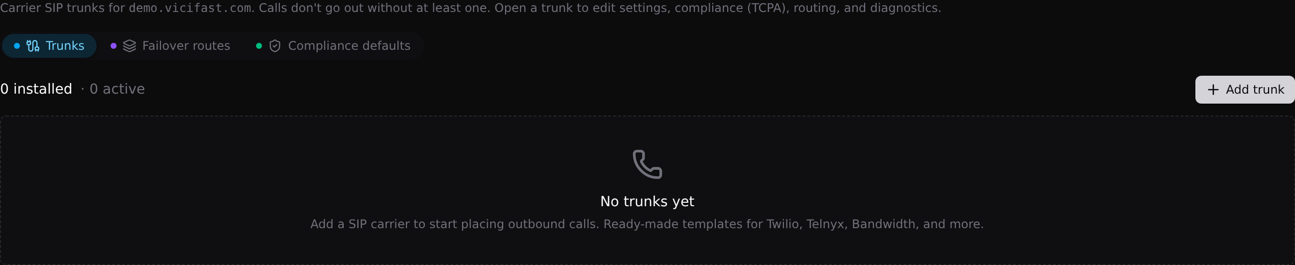 The Trunks tab: every trunk on the server, with the Add trunk button top-right