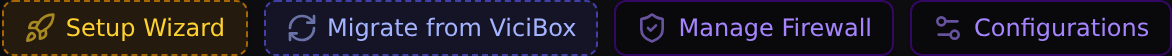 The tools strip on the server page: Migrate from ViciBox sits between Setup Wizard and Manage Firewall