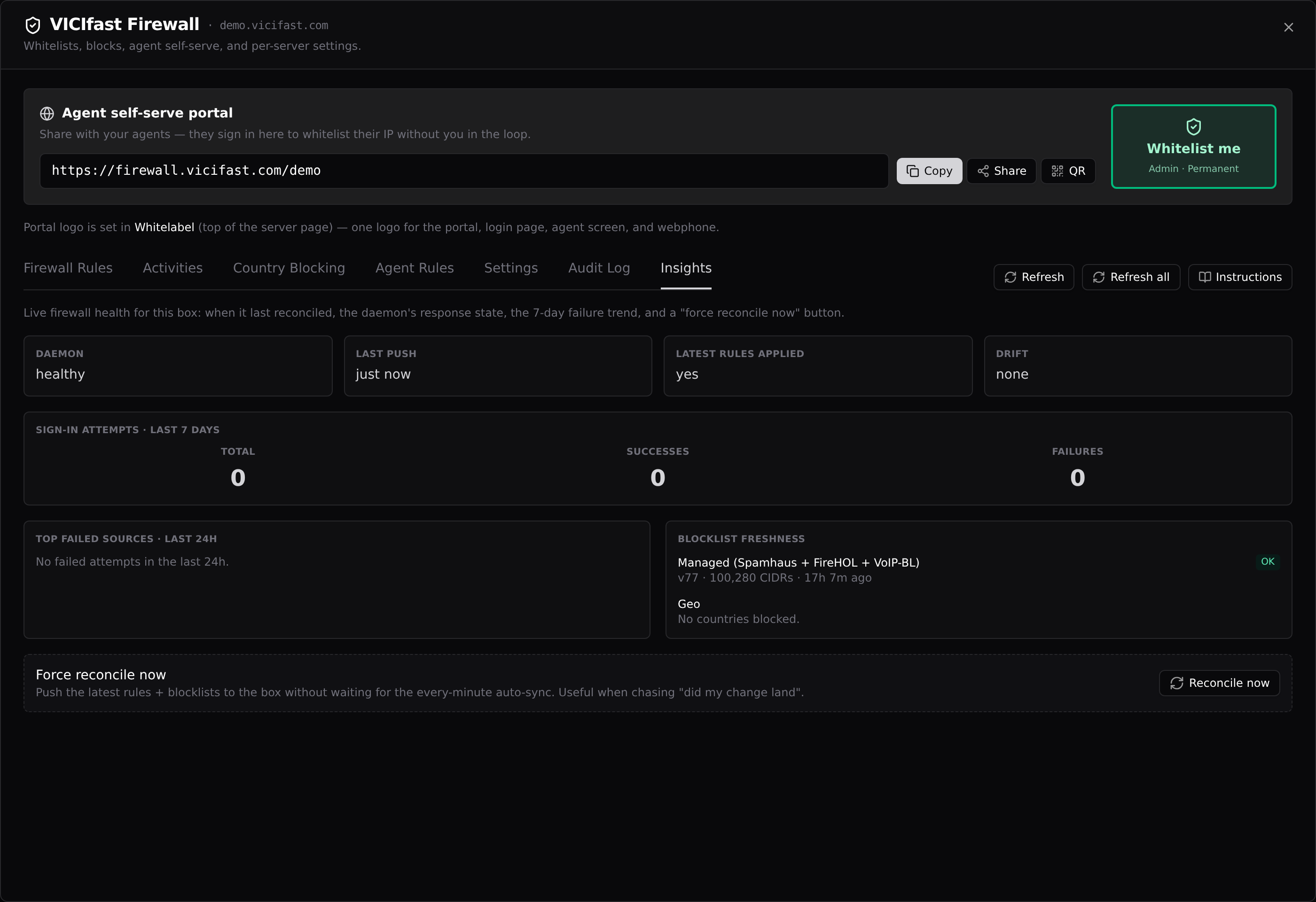 The Insights tab: daemon health, sign-in trends, blocklist freshness, force reconcile