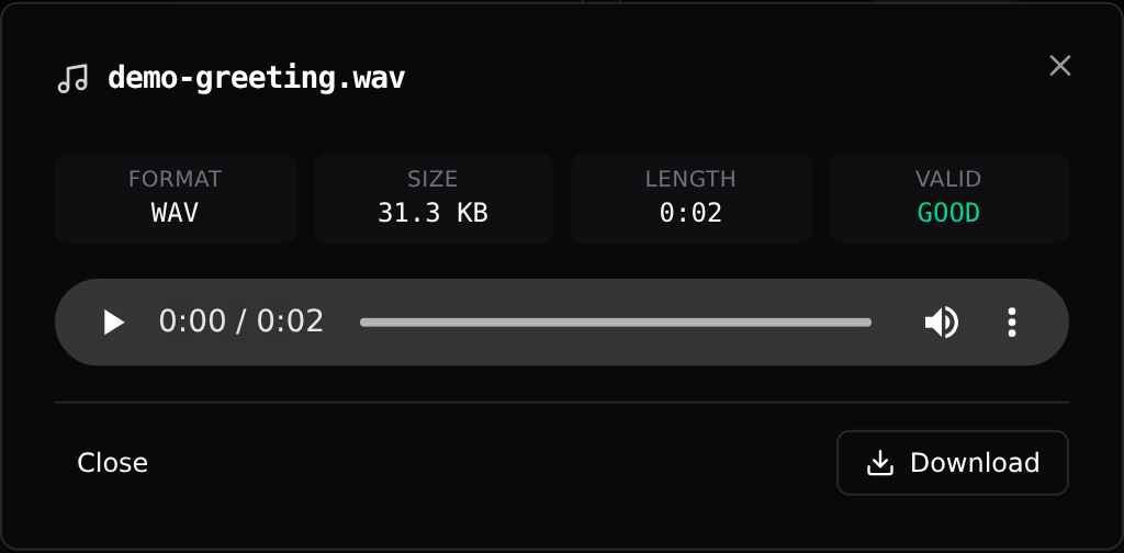 The audio player: metadata tiles, playback, and Download