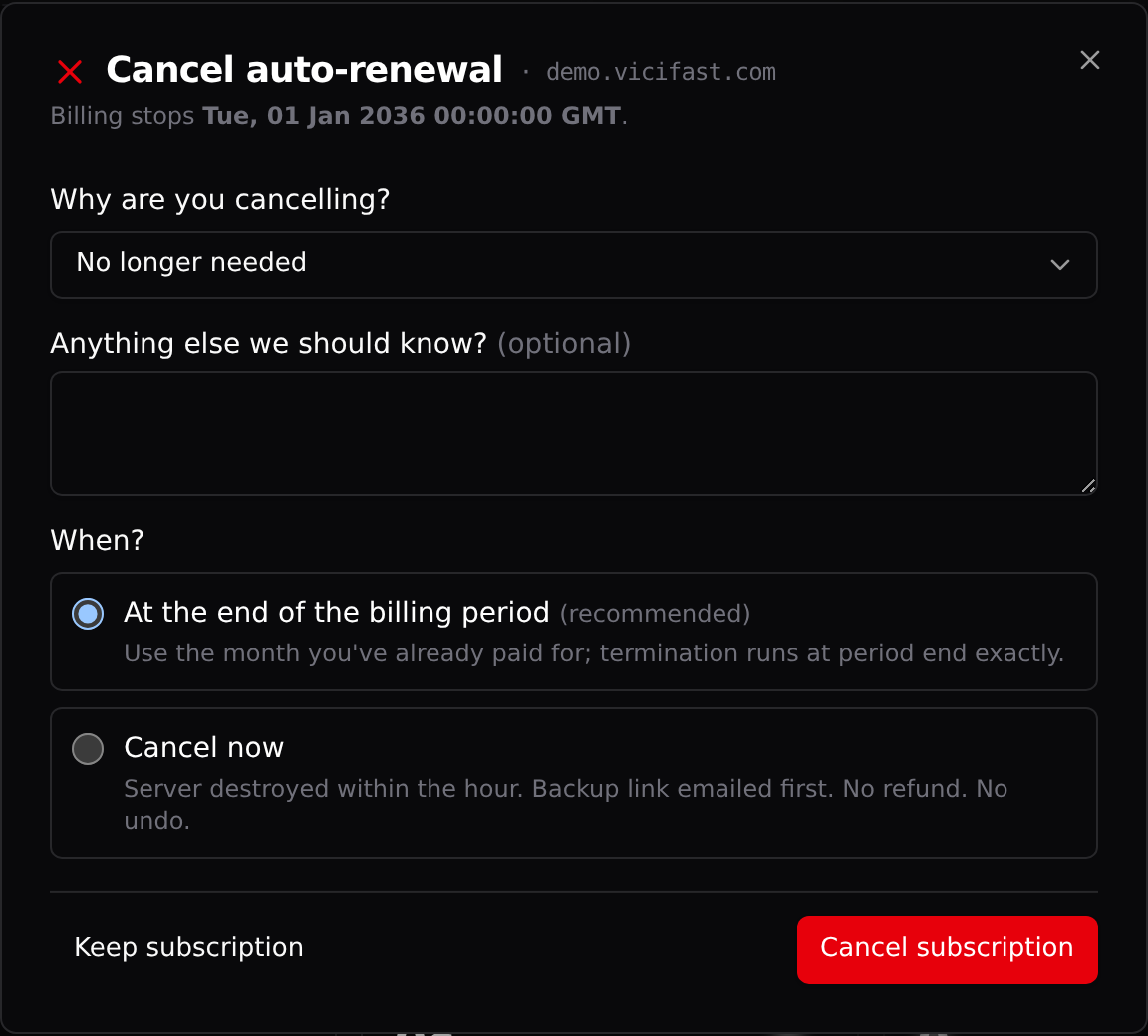 The cancel dialog: pick a reason, keep