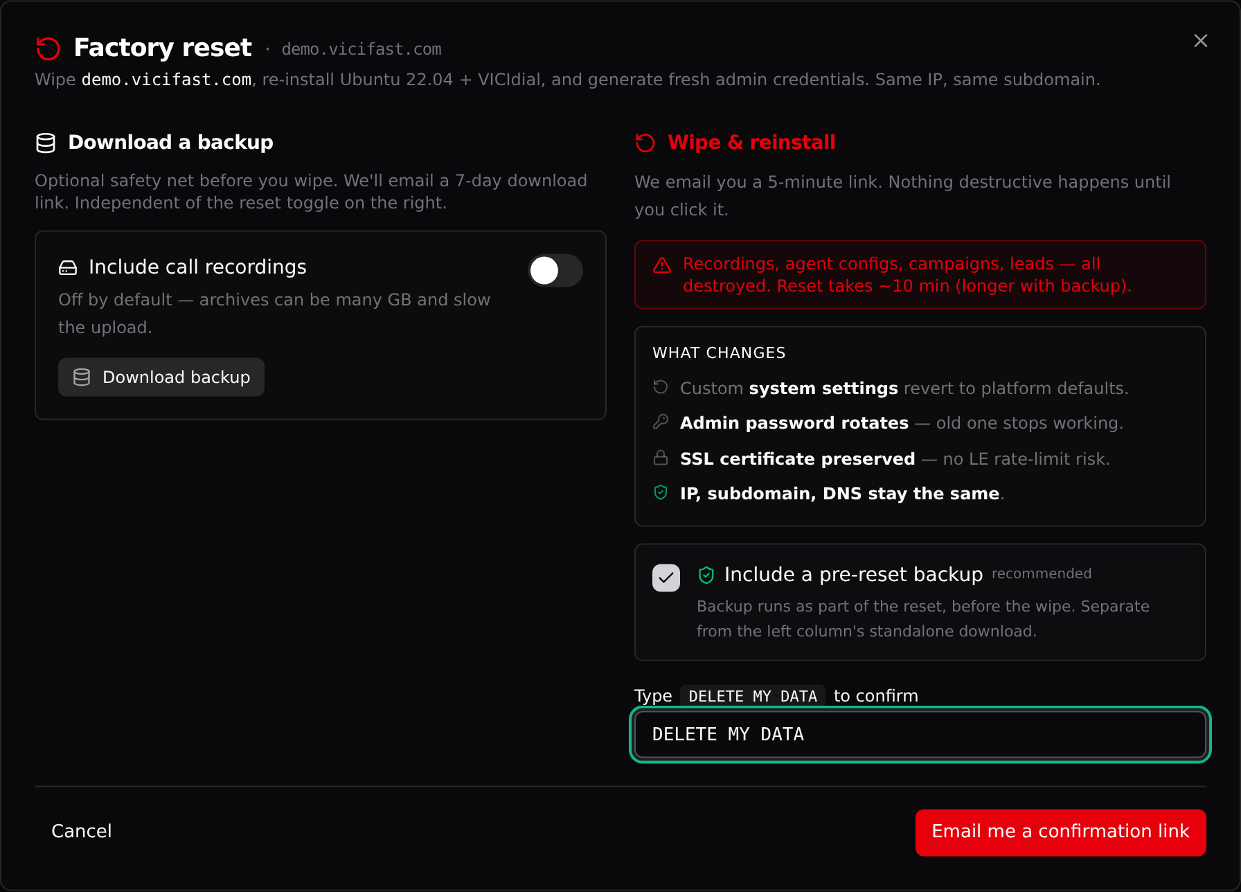 The Factory reset dialog: optional backup download on the left, the wipe confirmation on the right