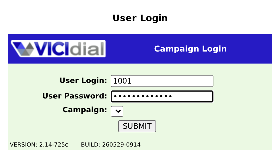 The agent screen login: user ID, password, and campaign