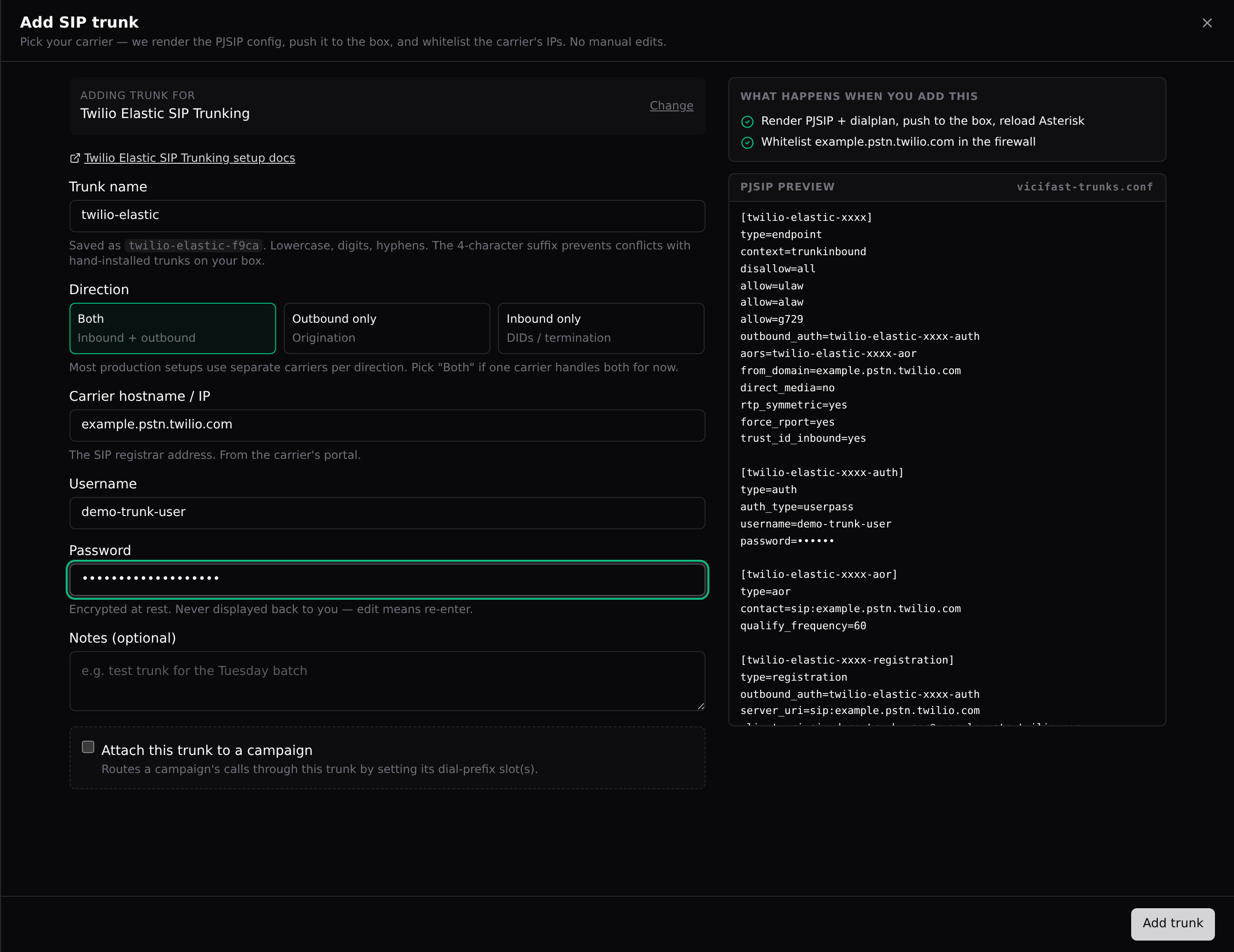 The trunk form for Twilio: fields on the left, live PJSIP preview on the right