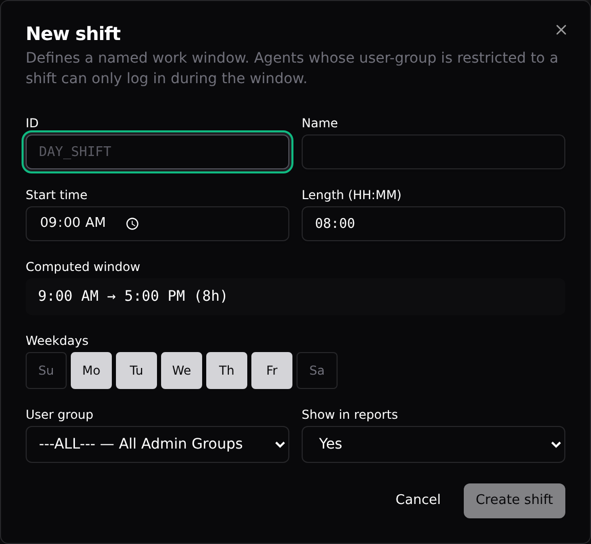 The New shift dialog: start, length, weekday toggles, computed window