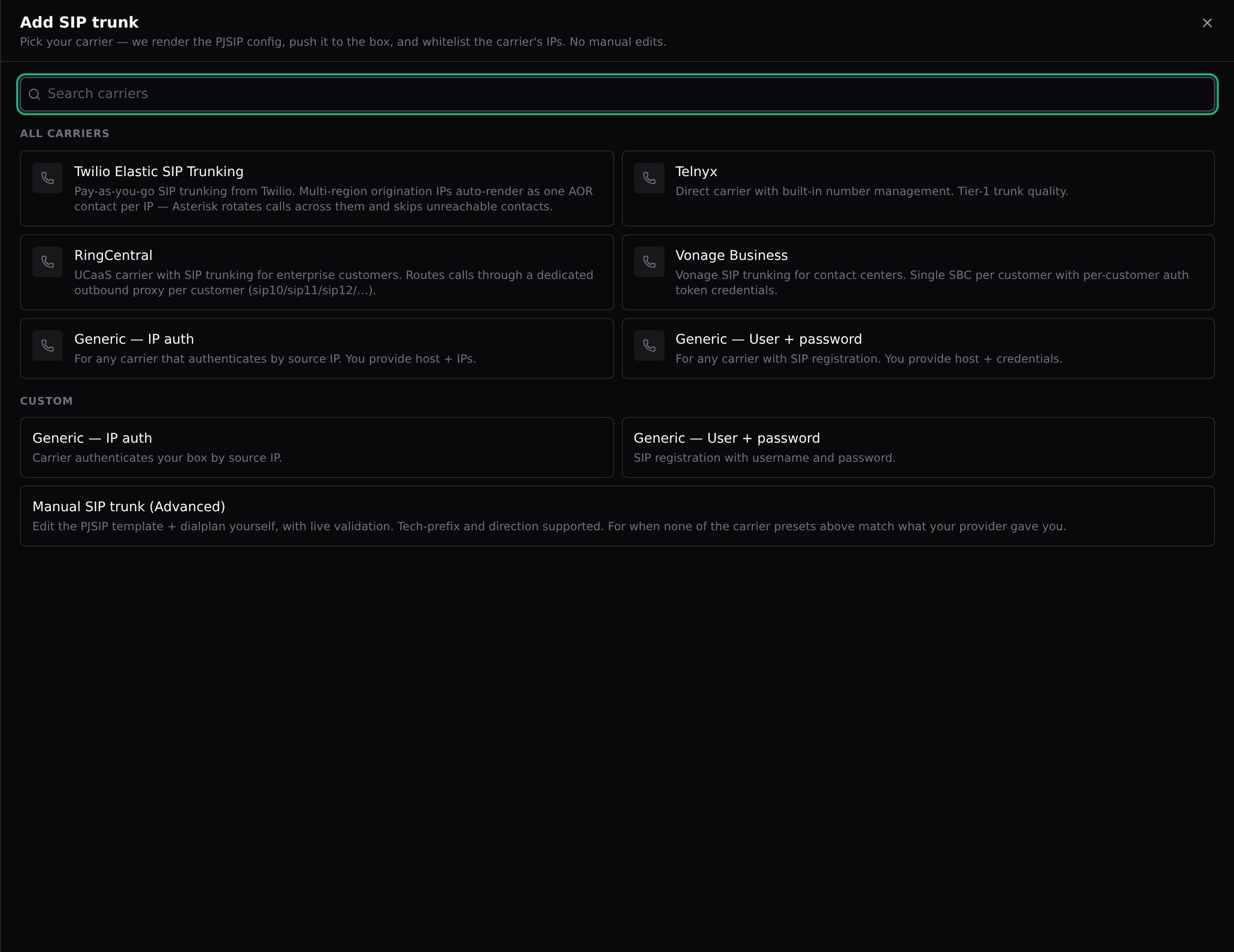 The Add SIP trunk drawer: carrier picker with ready-made templates