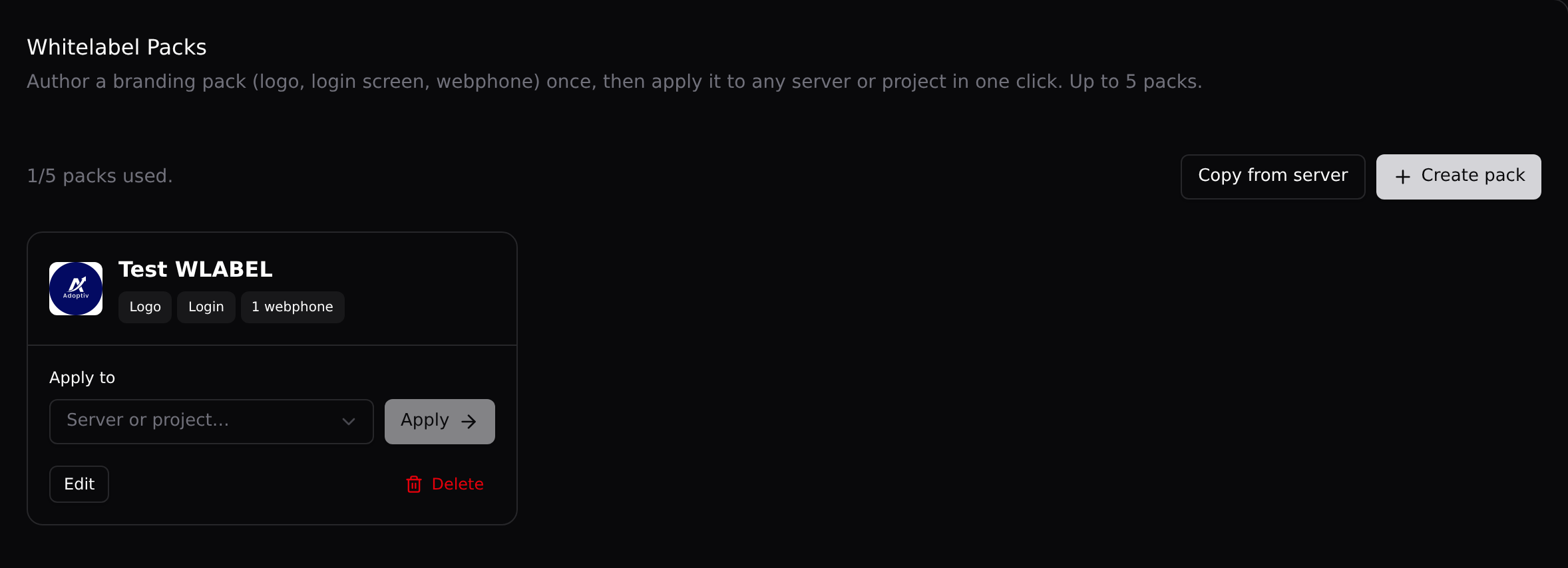 The Whitelabel Packs page: your packs, the Apply to picker, and the Create pack button