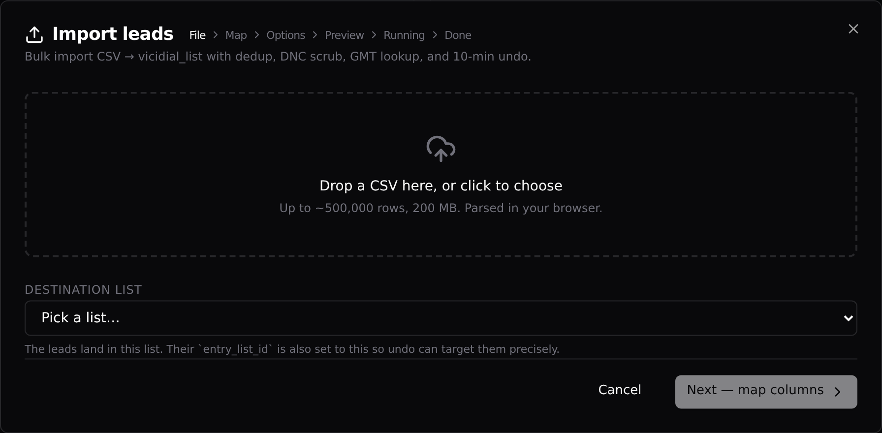 The Import leads dialog: drop a CSV, pick the destination list, then map columns