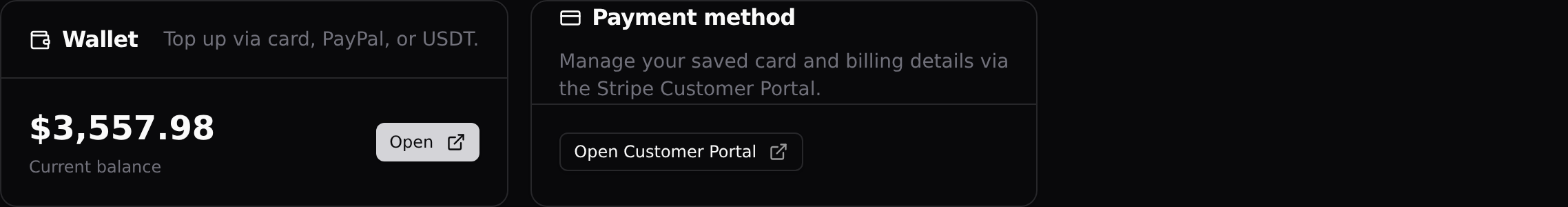 The Billing page summary cards: wallet balance and the Stripe Customer Portal button