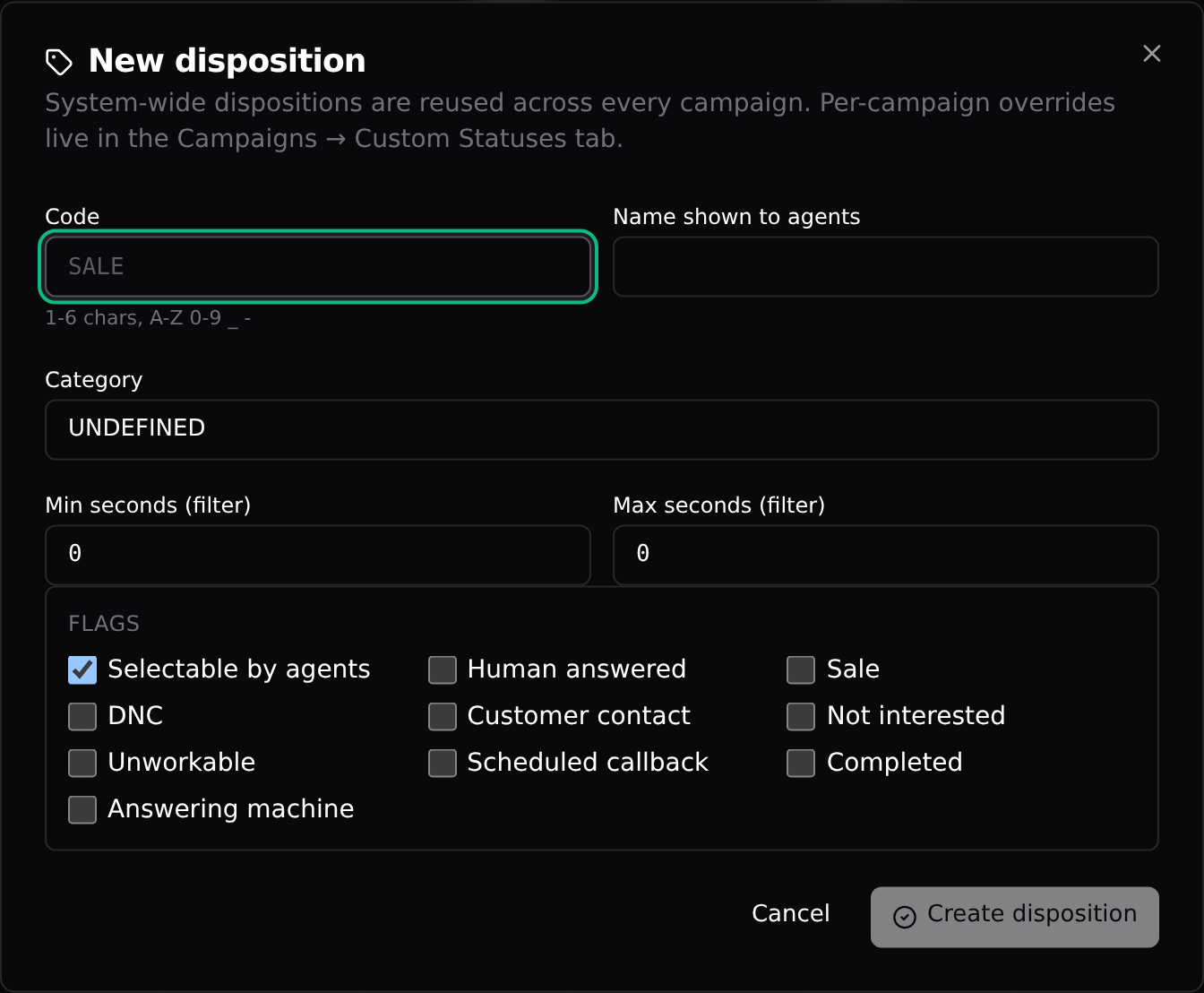 The New disposition dialog: code, agent-facing name, category, and flags
