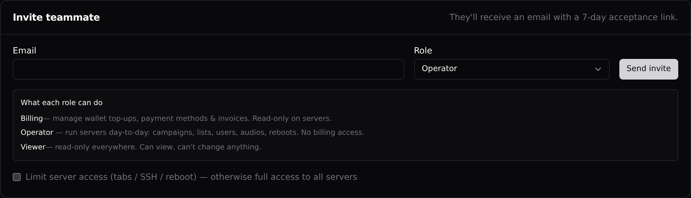 The Invite teammate card: email, role, and the role cheat-sheet