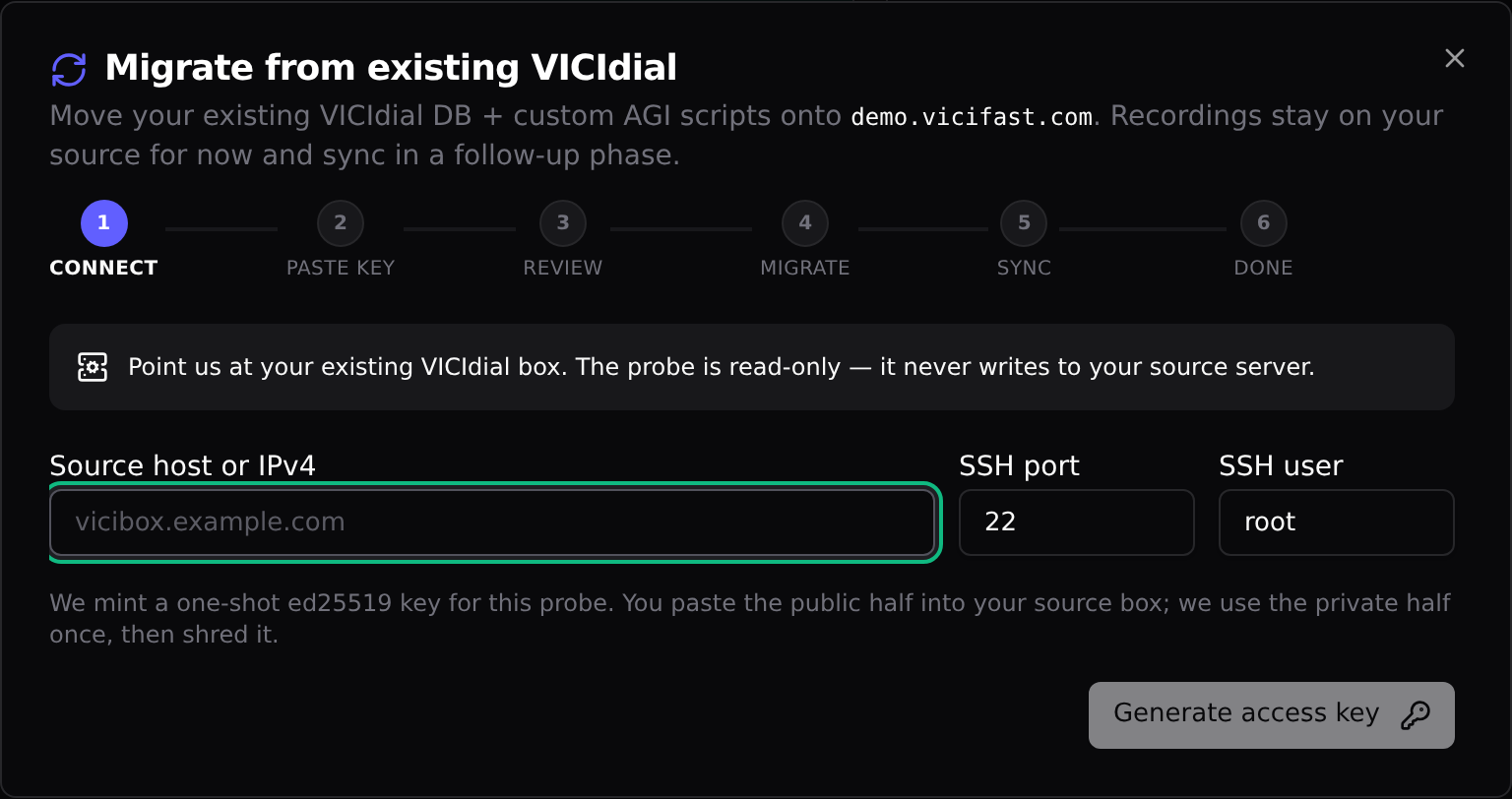 The Connect step: old server address, SSH port and user, then Generate access key