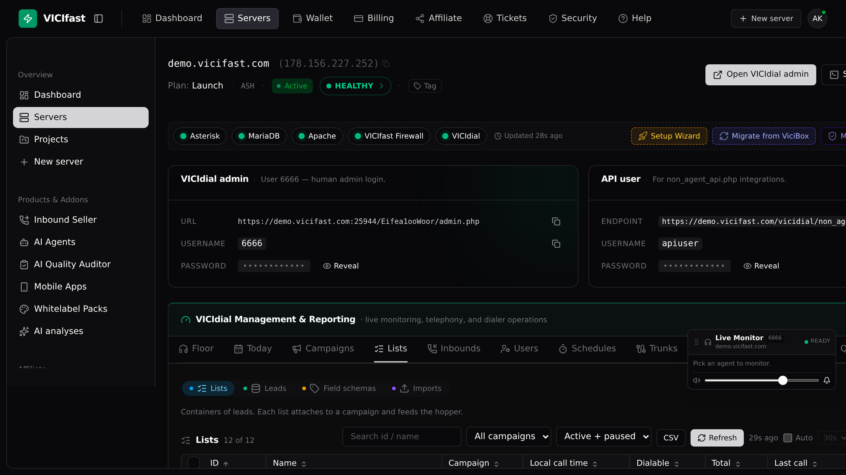 The Leads sub-tab: individual phone records with status, searchable by phone, name, or lead ID