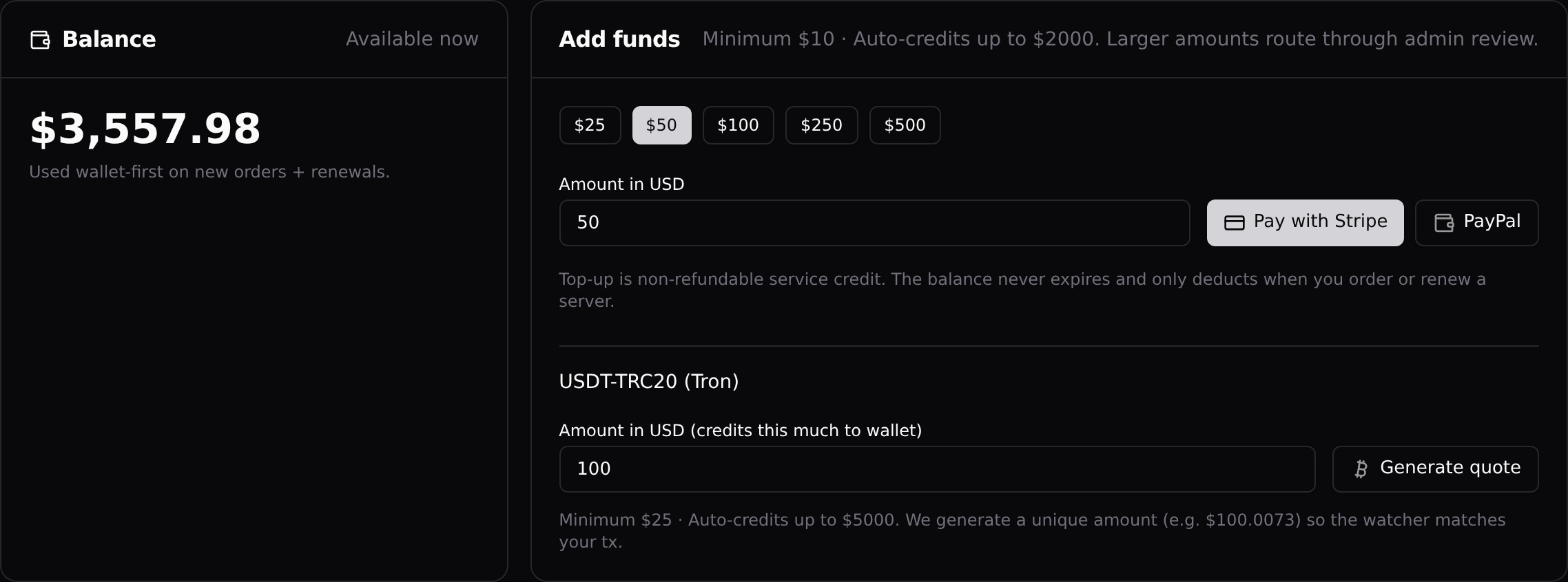 The Wallet page: current balance on the left, Add funds with card, PayPal, and USDT on the right