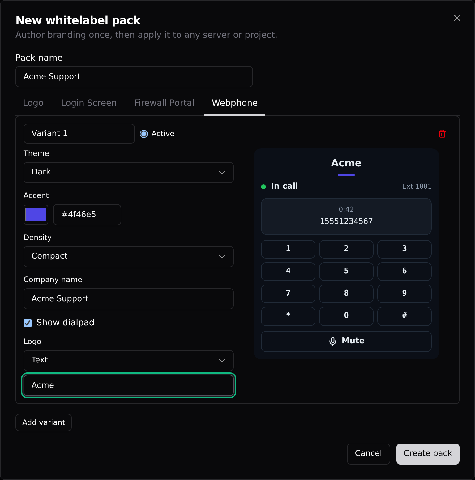 The pack editor on the Webphone tab: variant settings on the left, the live phone preview on the right