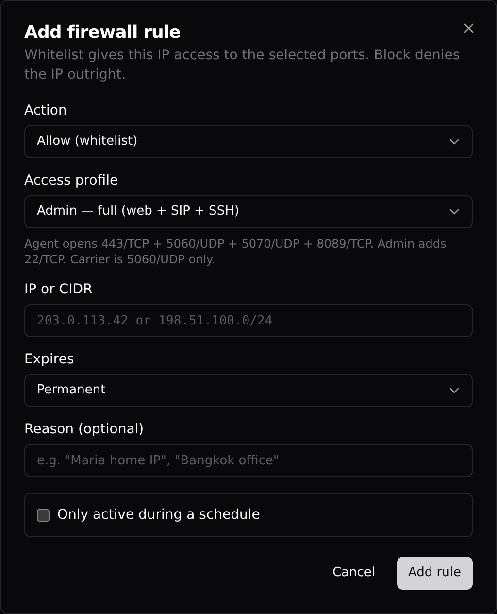 The Add firewall rule dialog