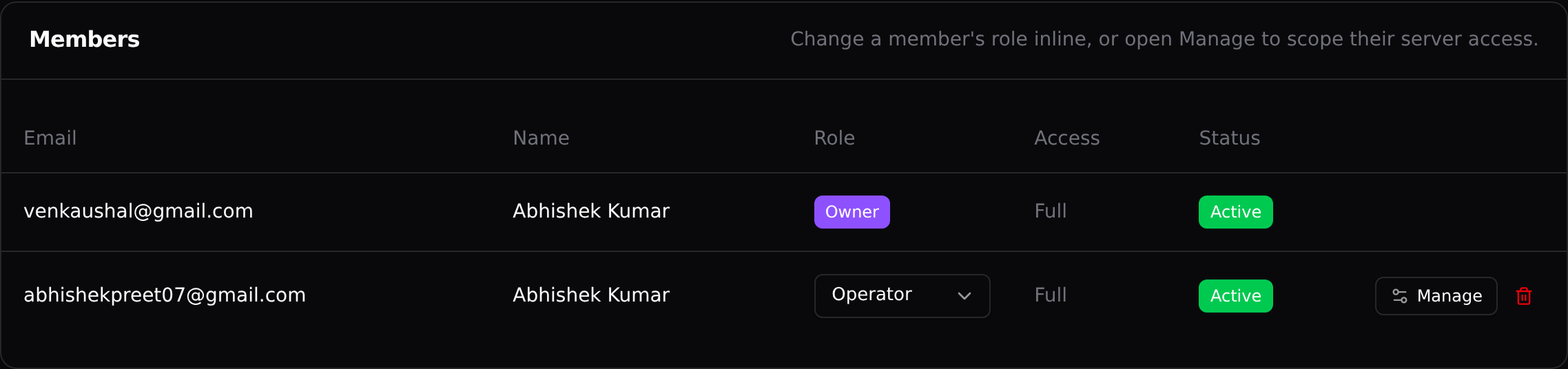 The Members card: owner on top, one member below with Manage
