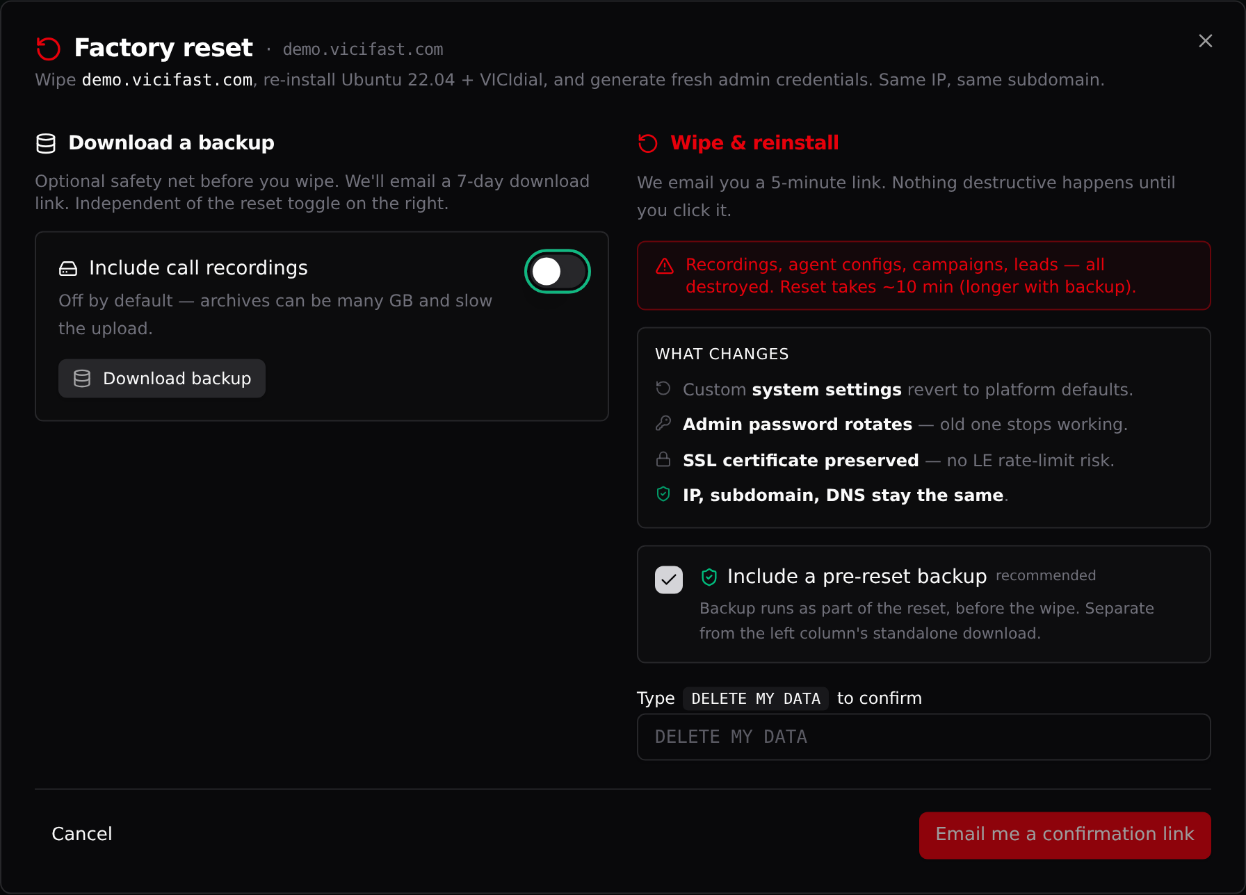 The Factory reset dialog: Download a backup on the left, the wipe options on the right