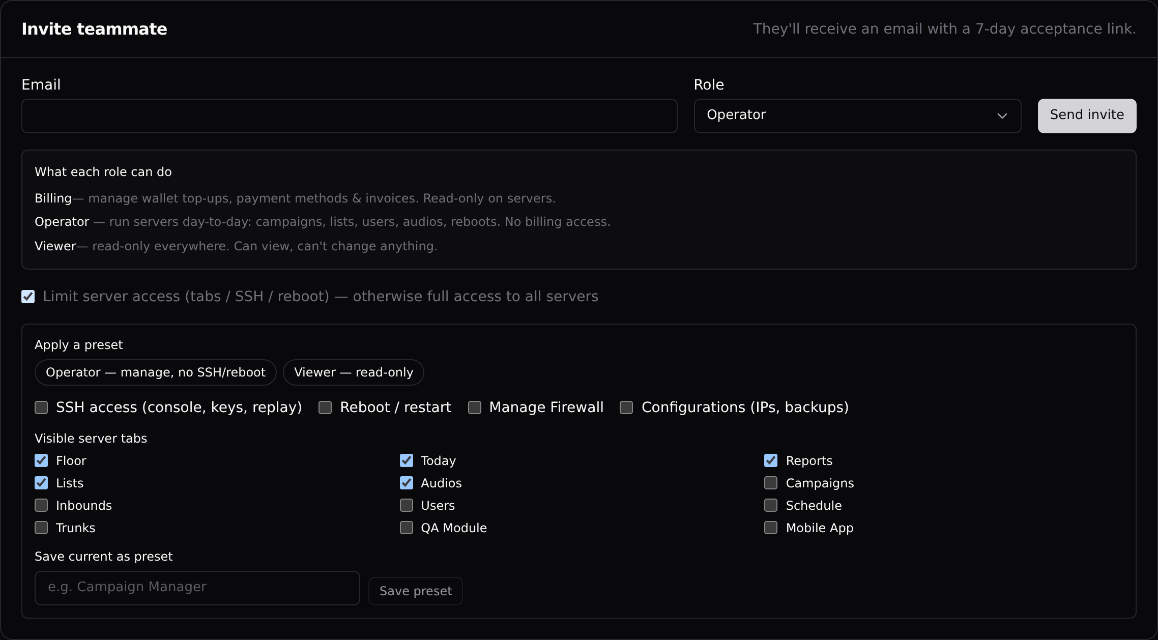 The access editor: presets, power checkboxes, and visible server tabs