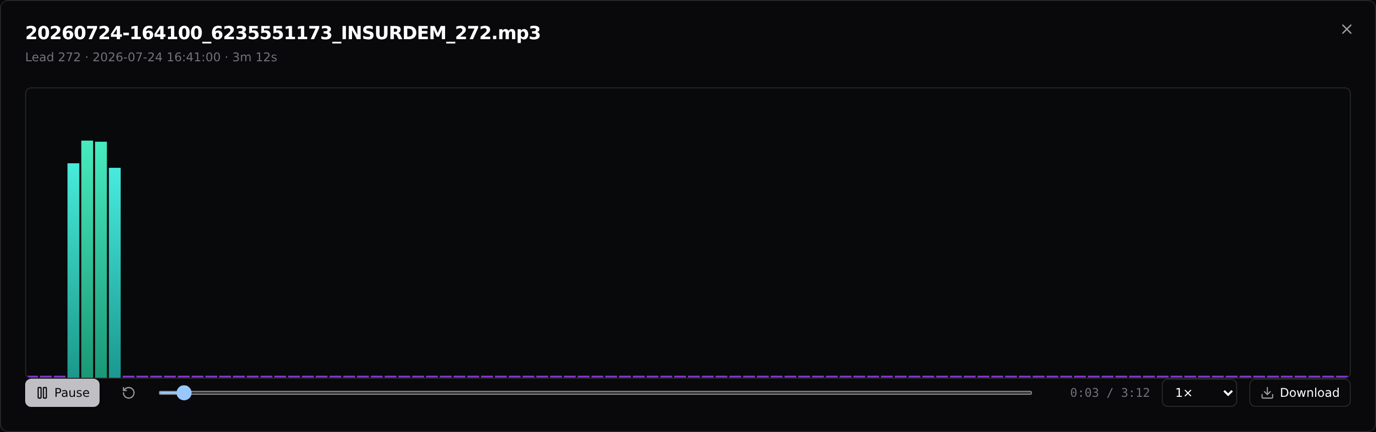 The recording player: waveform, slider, speed control, and Download