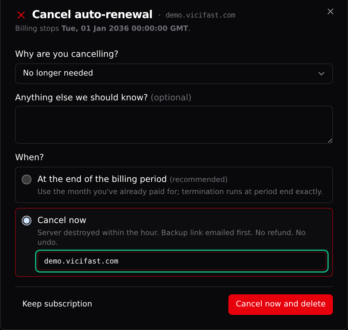 The cancel dialog with Cancel now selected: type the full hostname to unlock the red button