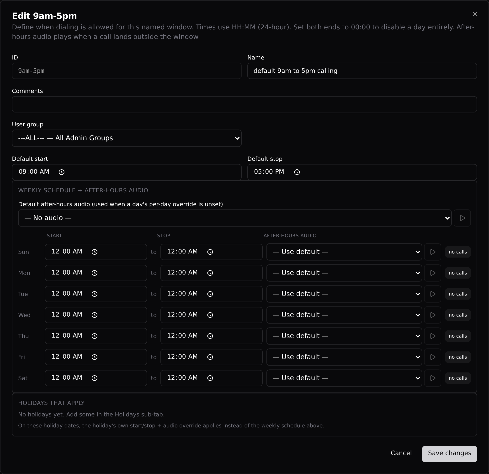 Editing the 9am-5pm call time: default window, per-day overrides, after-hours audio