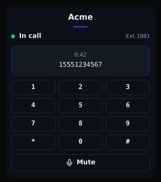 The branded webphone as agents see it inside the agent screen — here with the