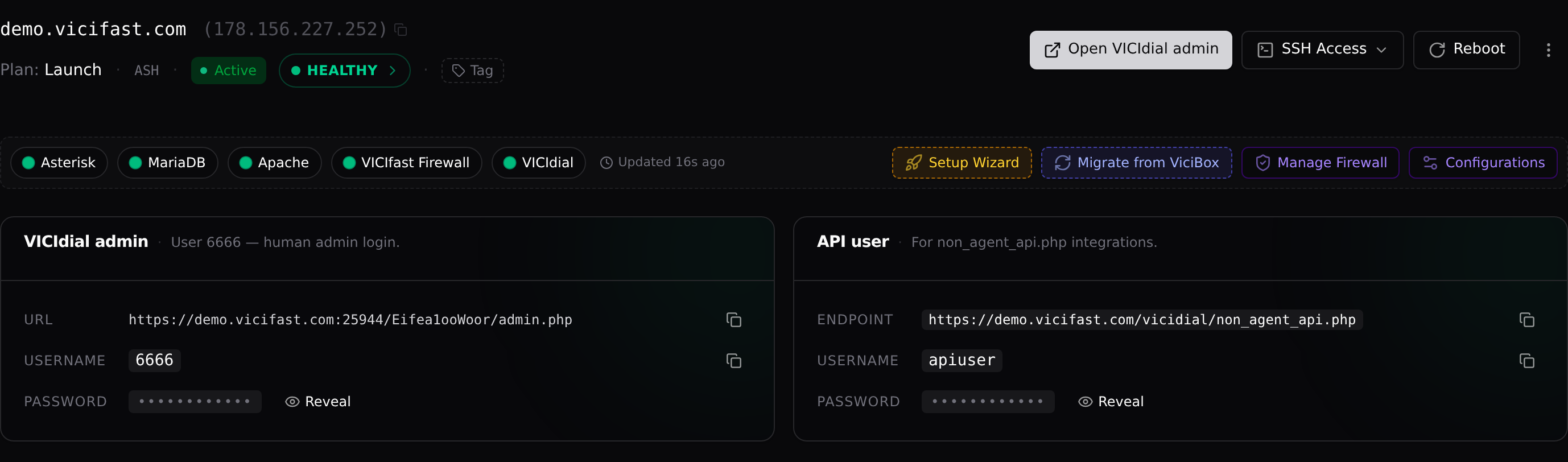 The top of the server page: hostname, plan, status, health, service badges, tools strip, and the two sign-in cards