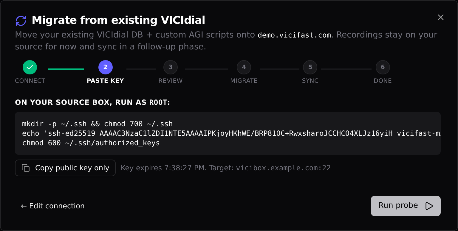 The Paste key step: run the command block on your old box, then click Run probe
