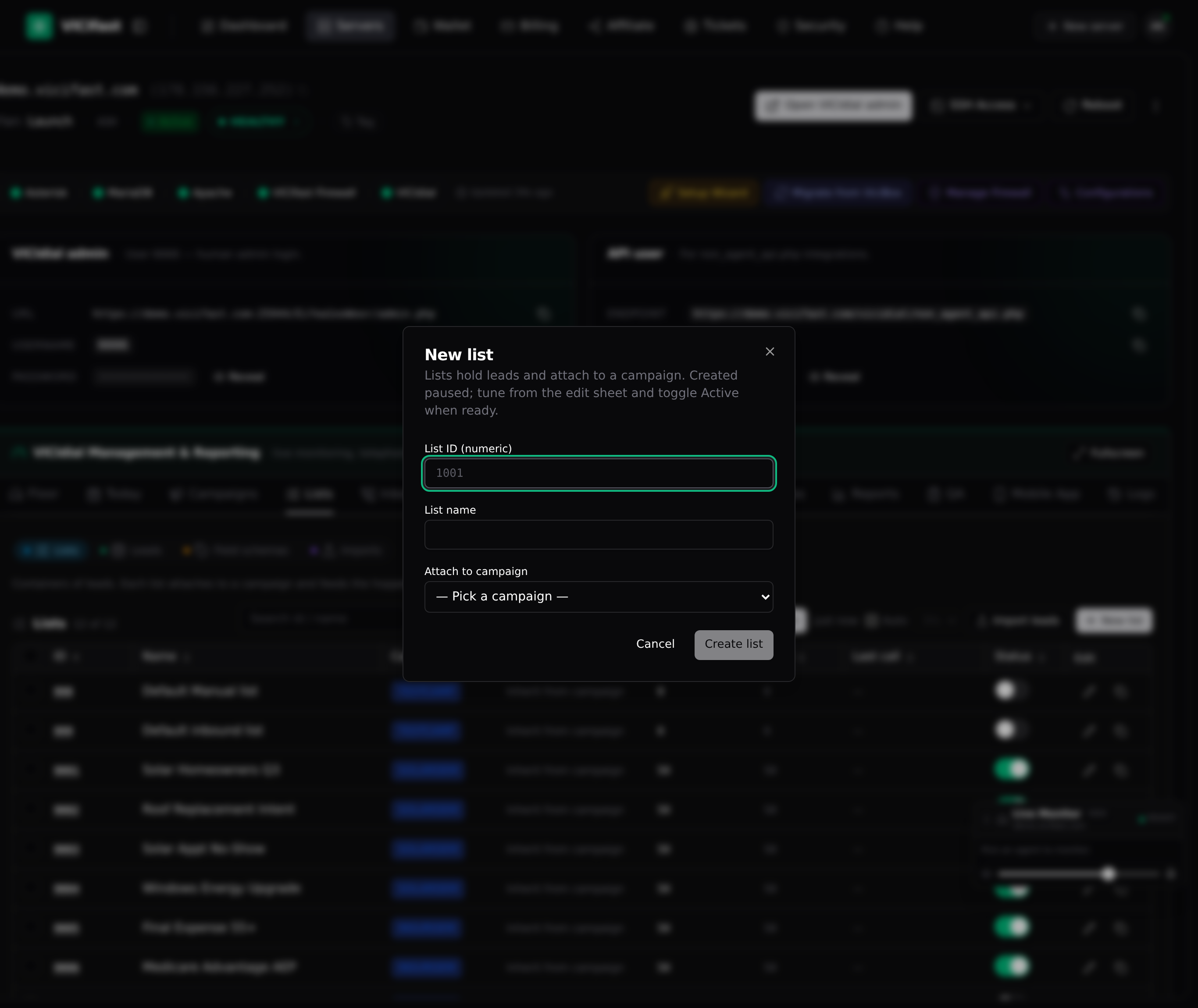 The New list dialog: numeric list ID, a name, and an optional campaign to attach