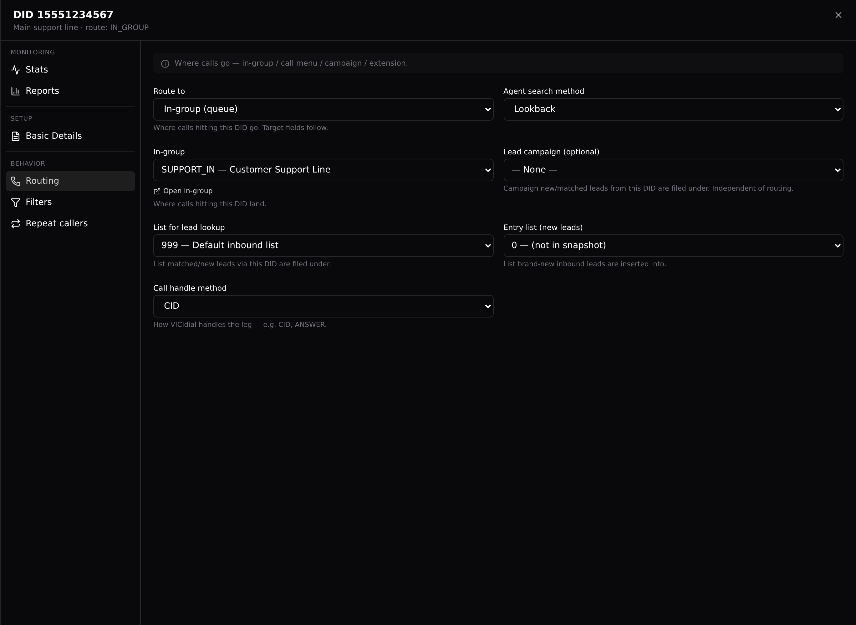 A DID’s Routing tab: calls land in the SUPPORT_IN queue