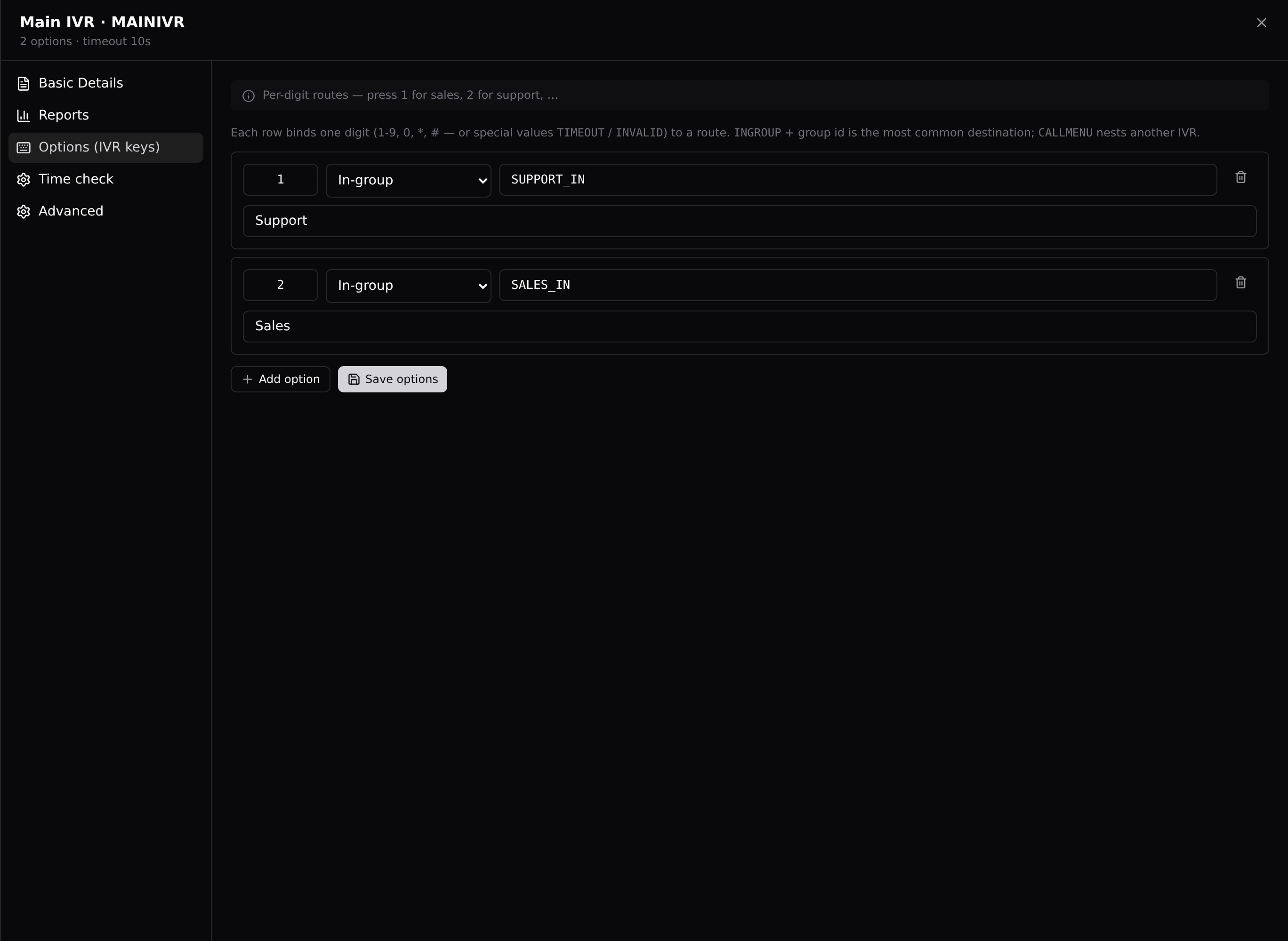 The Options (IVR keys) tab: 1 goes to support, 2 to sales