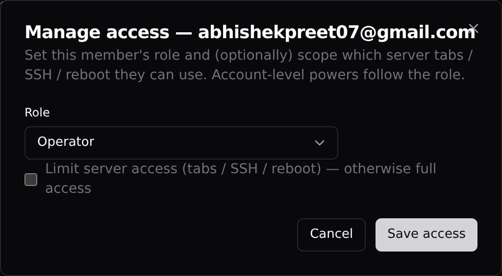 The Manage access dialog for one member