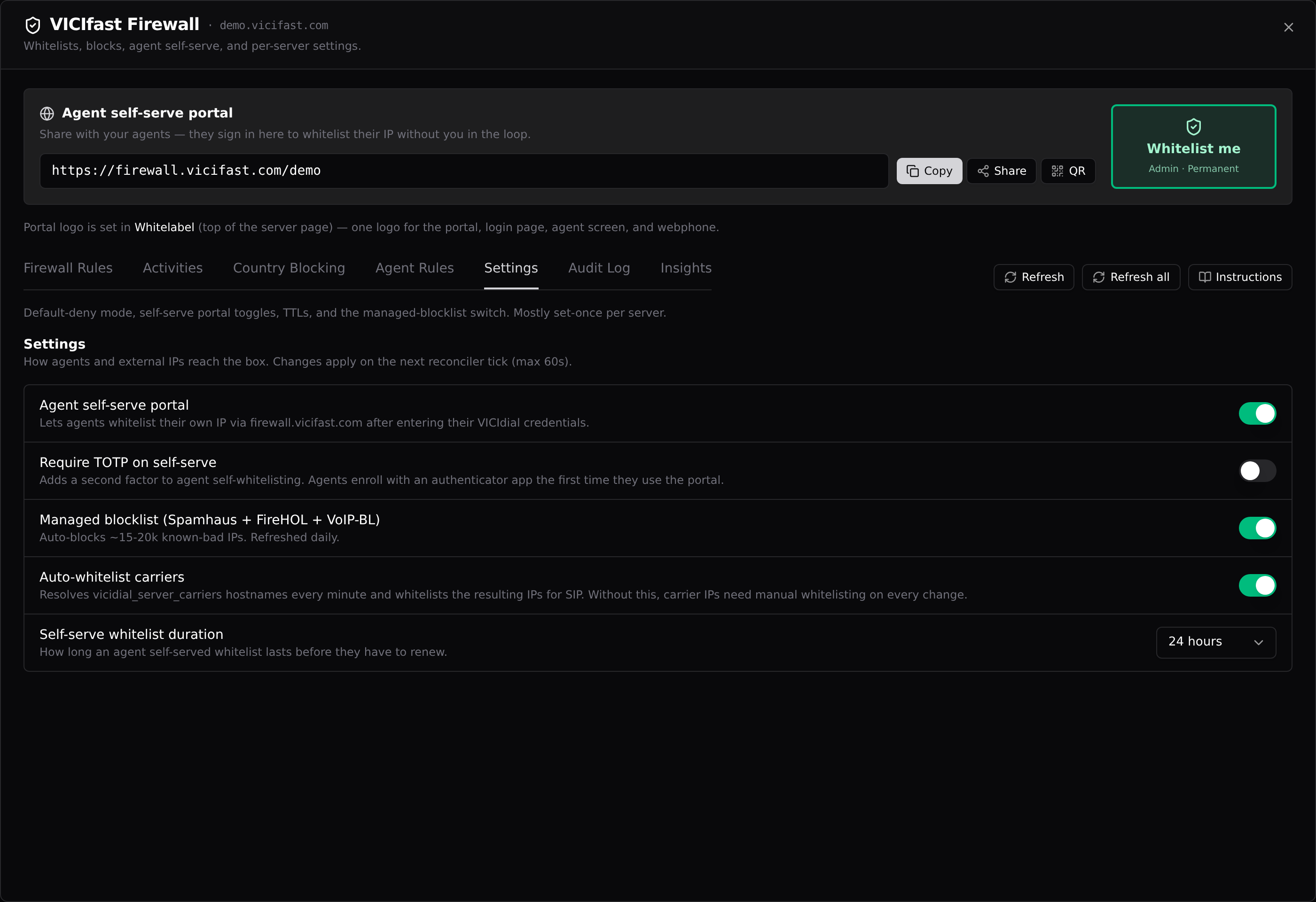 The Settings tab: five switches, saved instantly per flip