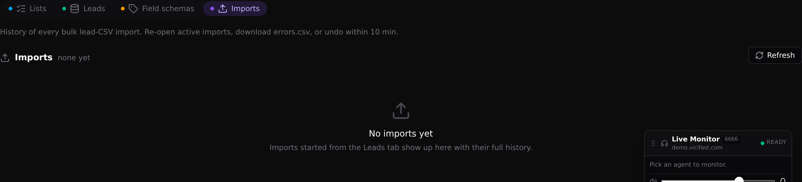 The Imports sub-tab: full history with error download and undo