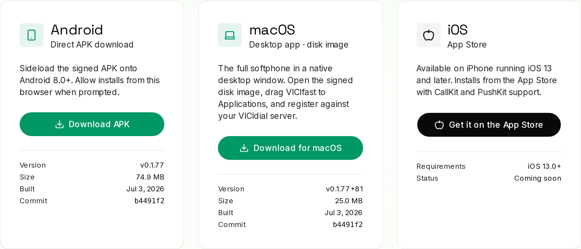 The downloads page: Android APK, macOS desktop app, iOS coming soon