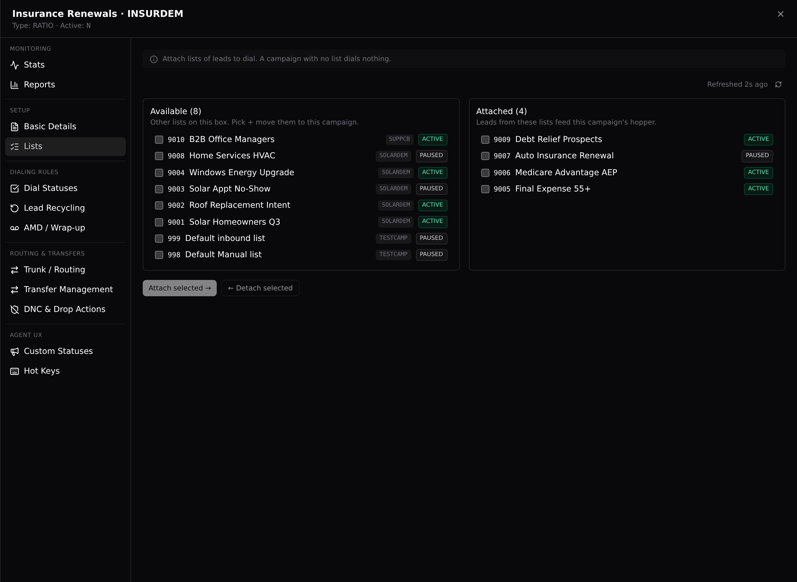 The Lists tab: available lists on the left, attached lists on the right