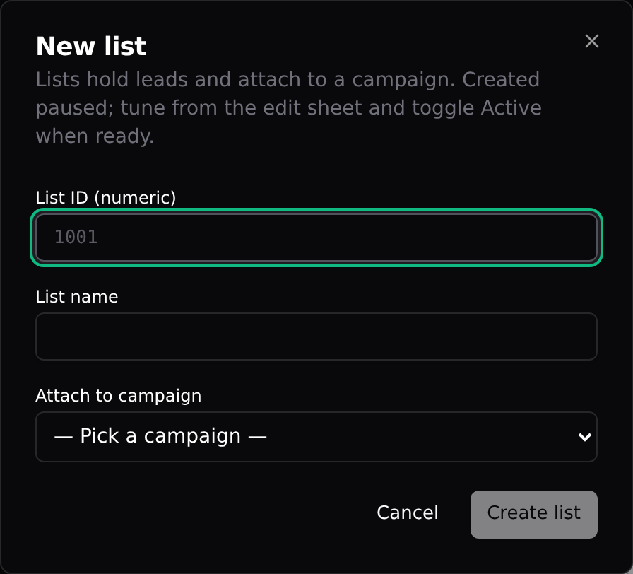 The New list dialog: numeric ID, a name, and an optional campaign