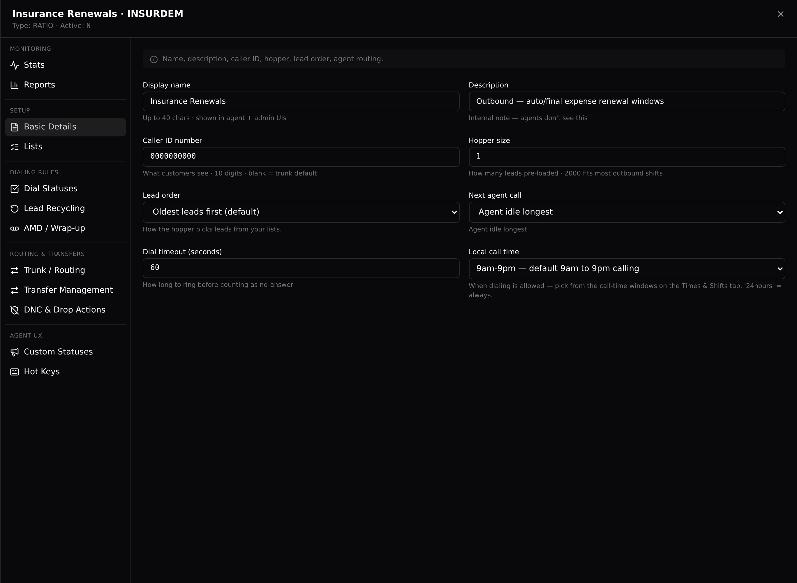 The edit sheet: Basic Details for one campaign