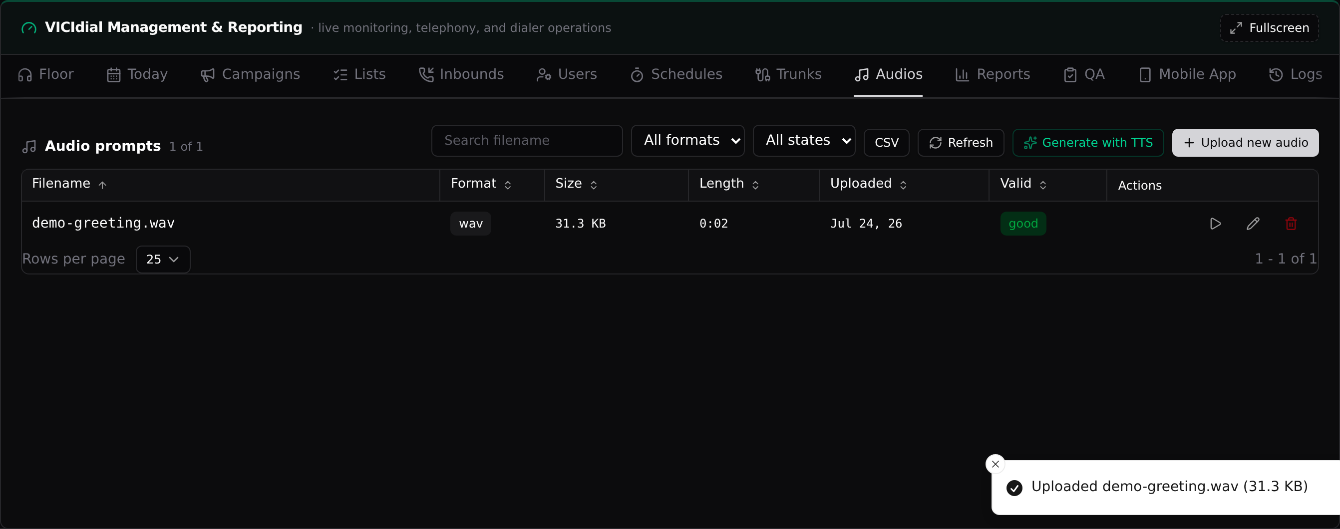 The Audios tab: every prompt on the server, its format, length, and Valid state