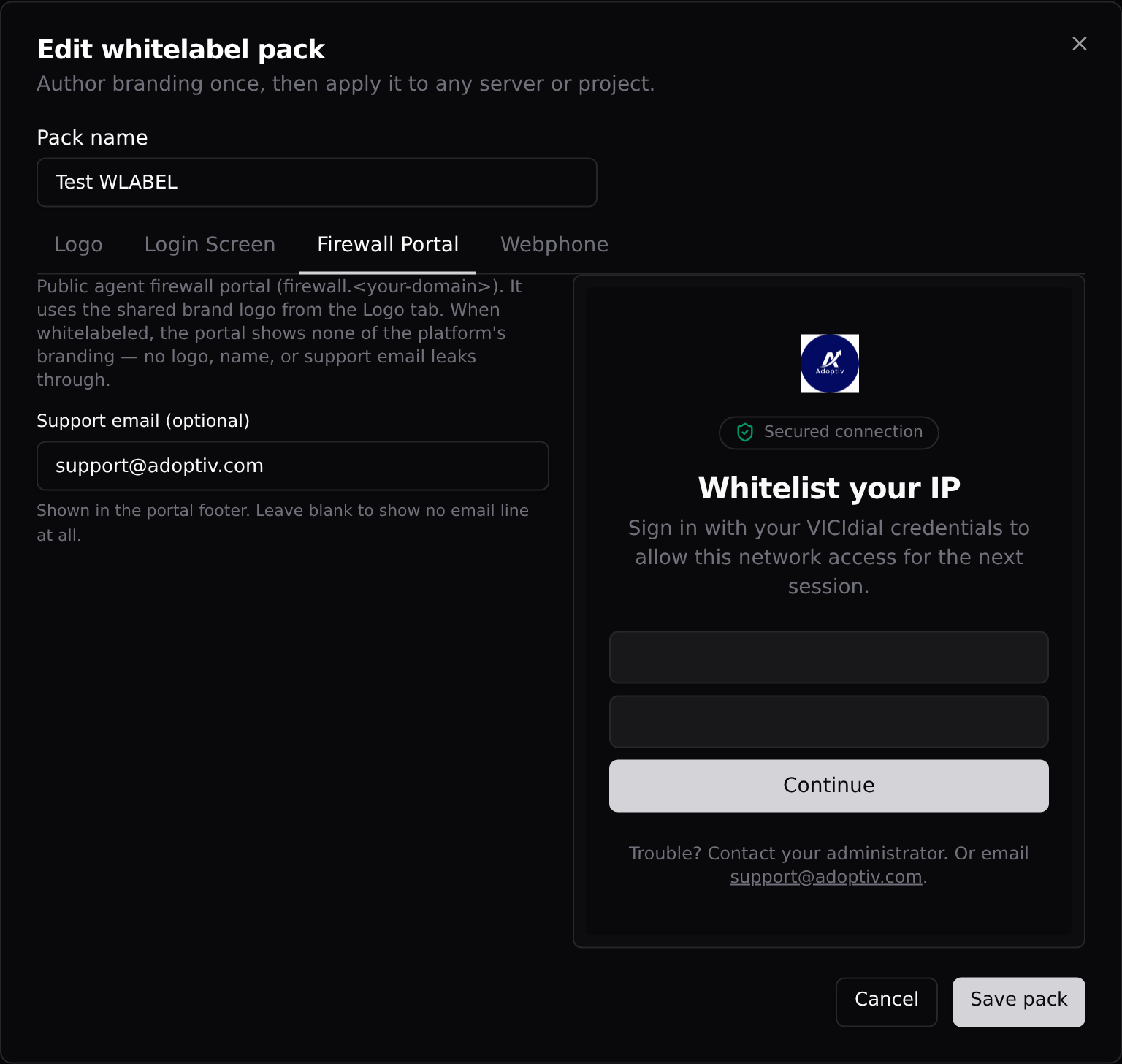 The Firewall Portal tab: support email field and the agent-facing preview