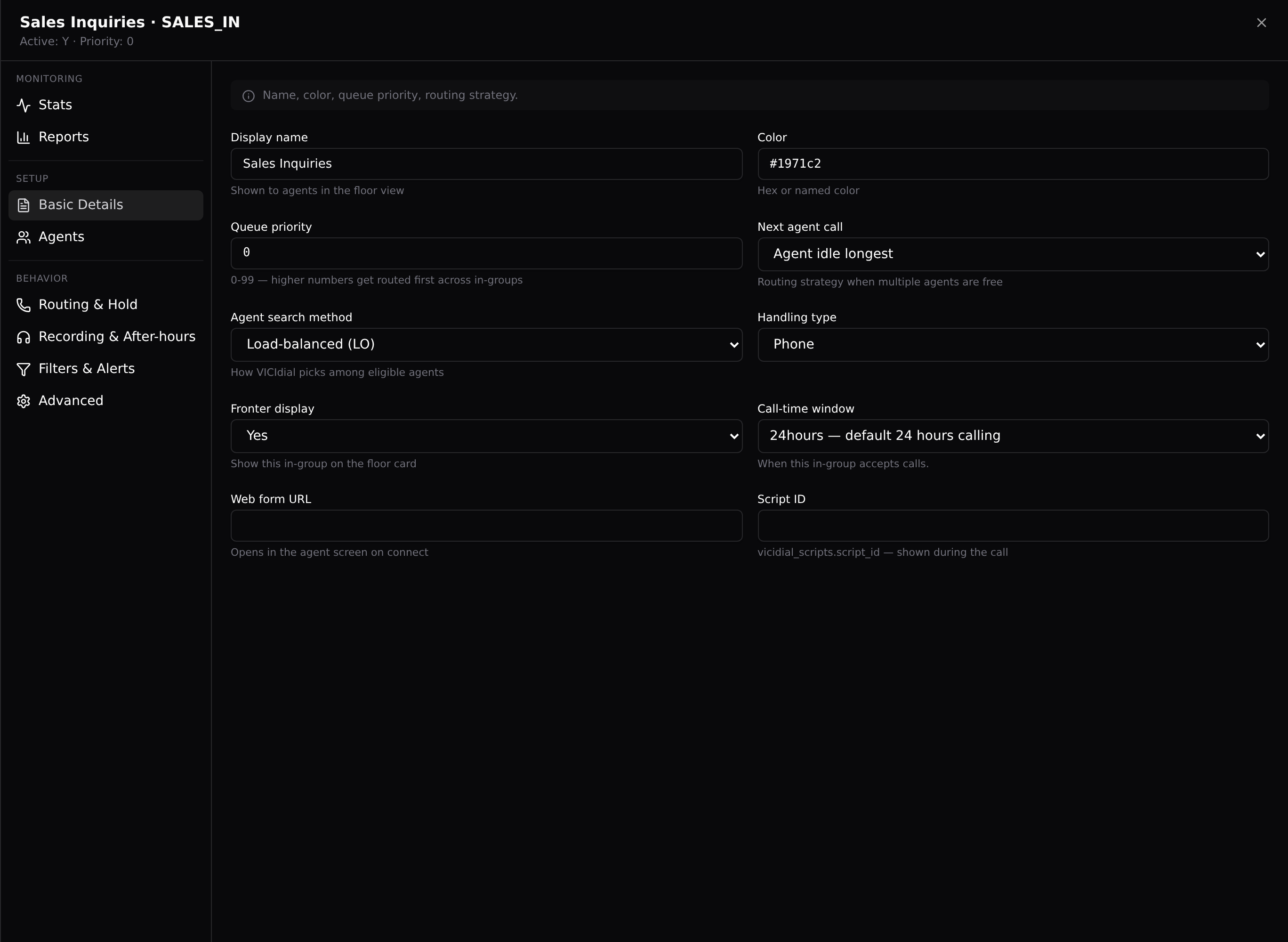 The in-group settings panel: Basic Details tab of the Sales queue