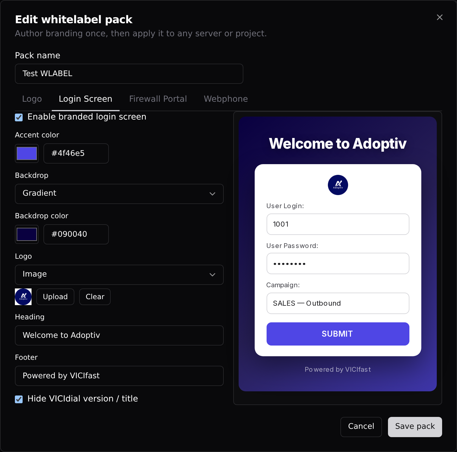 The Login Screen tab: colors, heading, and footer on the left, live preview on the right